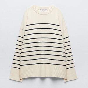 Zara Cream and Black Striped Crewneck Sweater